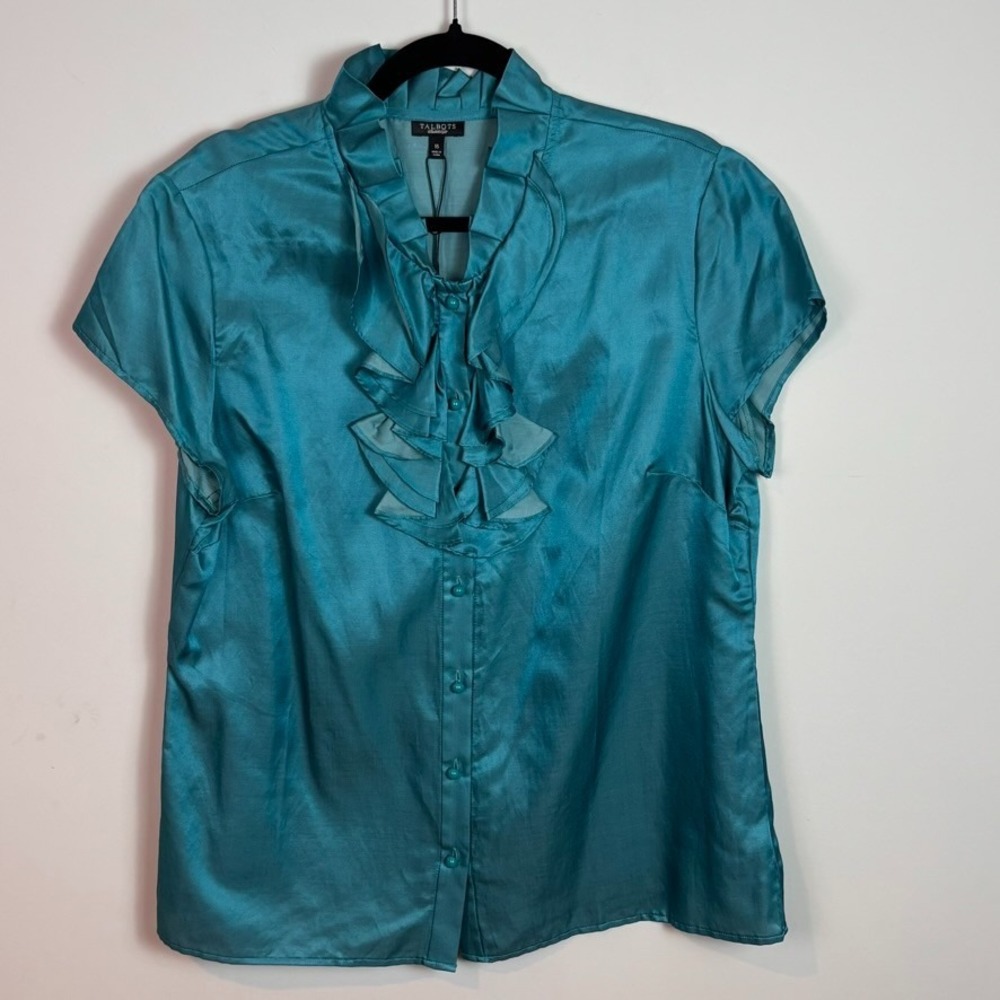 NEW Talbots Womens 100% Silk Teal Cap Sleeve Ruffle Button Front Blouse size 16